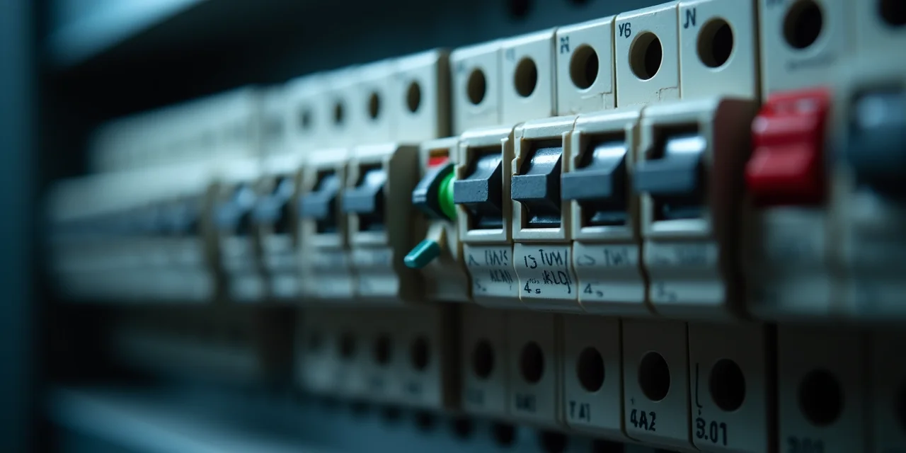 A row of miniature circuit breakers on a DIN rail inside an electrical distribution panel