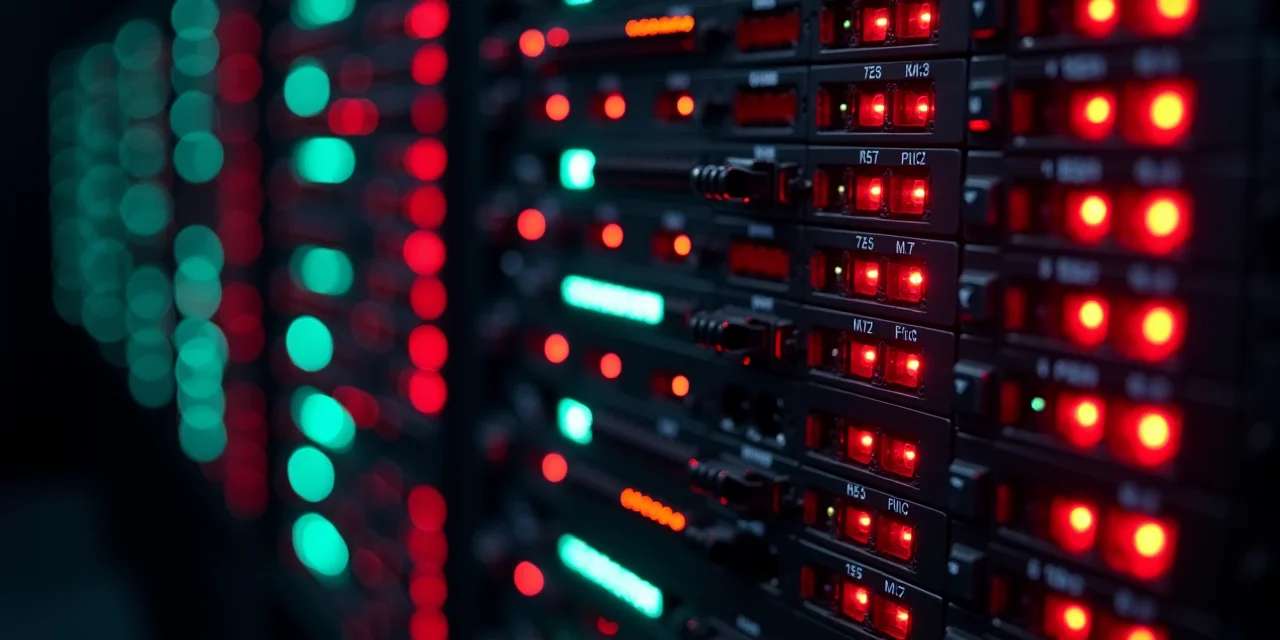 A rack of network switches with all traffic indicator LEDs blinking simultaneously in rapid overlapping patterns, each LED a different rhythm repre...