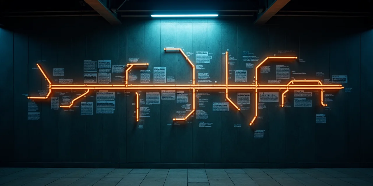 A city subway map made of illuminated tubes mounted on a dark wall