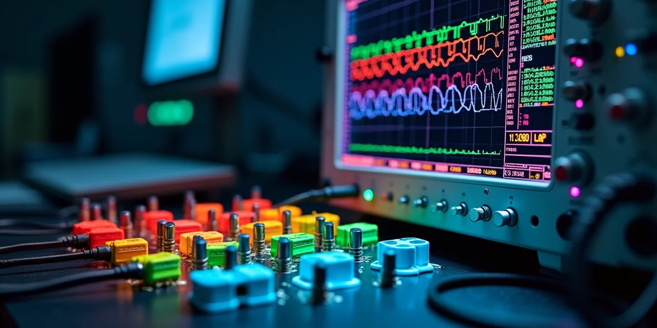 A logic analyzer with its rainbow array of colored probe clips attached to a circuit board data bus