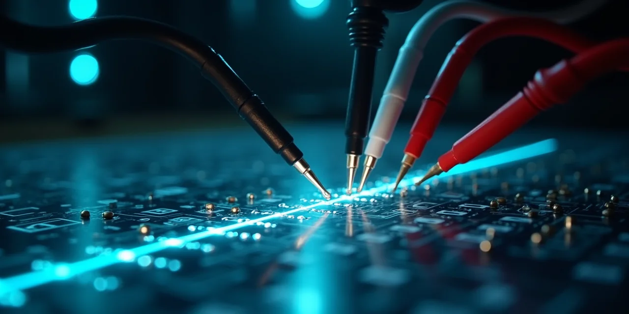 A long circuit board trace path being probed at multiple checkpoints simultaneously with test leads clipped at regular intervals along the entire l...