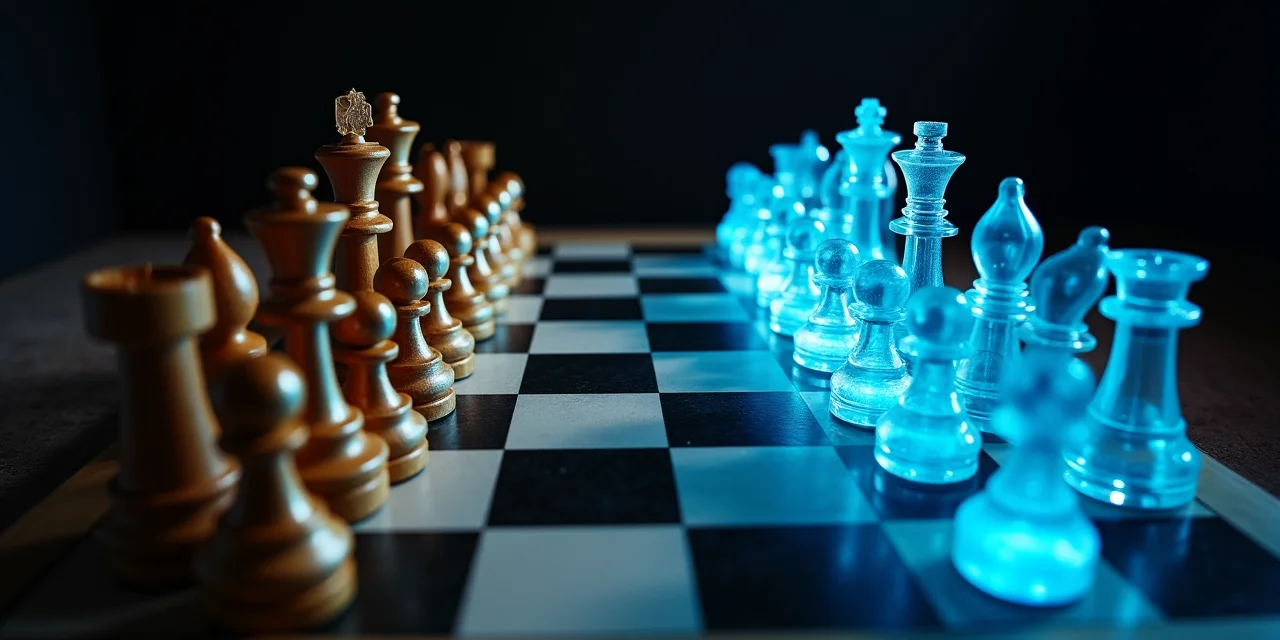 Chess board with traditional pieces on one side and holographic blue pieces on the other, representing humans versus AI in offensive security
