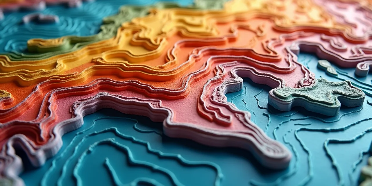 A topographic relief map with sharp contour lines carved into layered colored acrylic