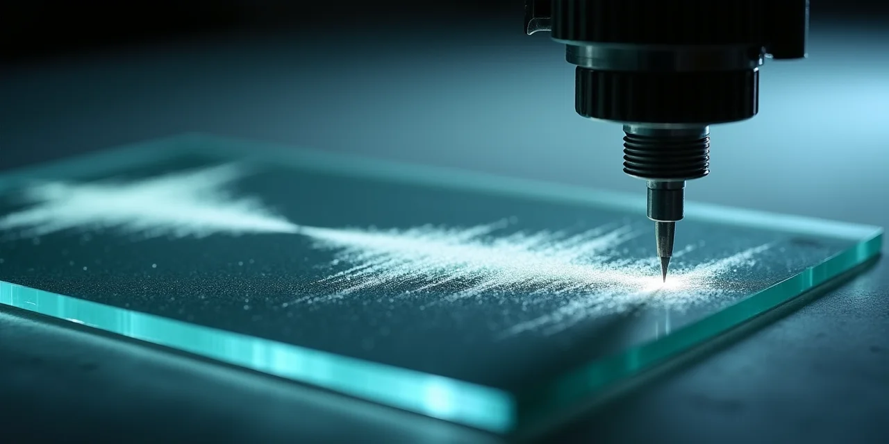 A precision glass cutter scoring a line on a sheet of glass with an audio waveform sandblasted into the surface