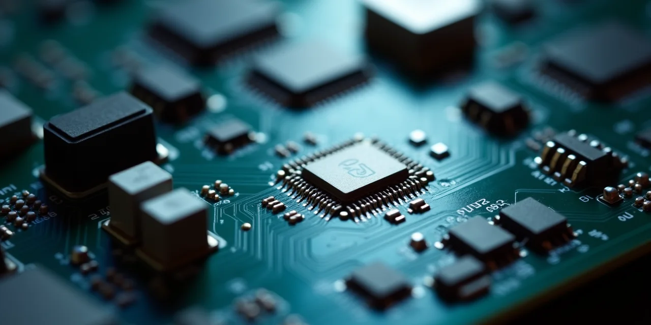 One anomalous chip among identical components on a circuit board, representing a malicious injection hidden in otherwise uniform data