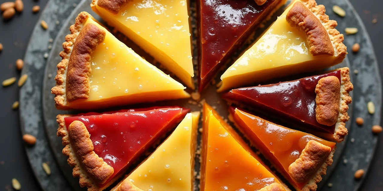 A pie chart made of actual pie with different flavored slices precisely cut and slightly separated showing the fillin...