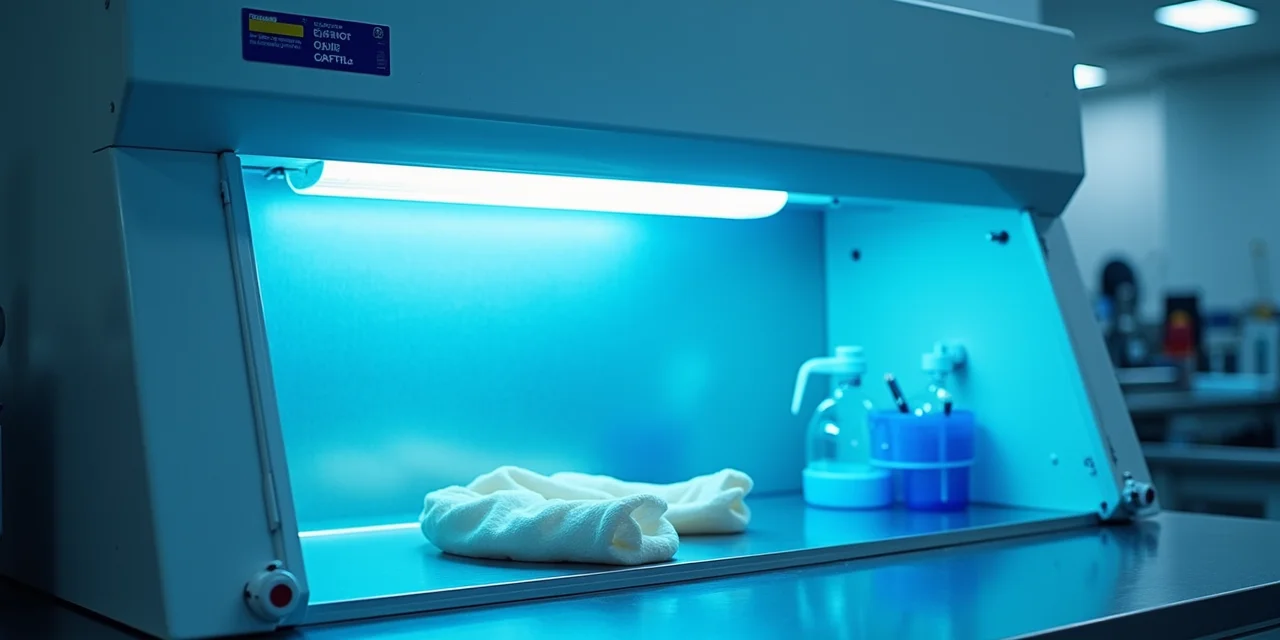 A biosafety cabinet with its clear safety shield lowered