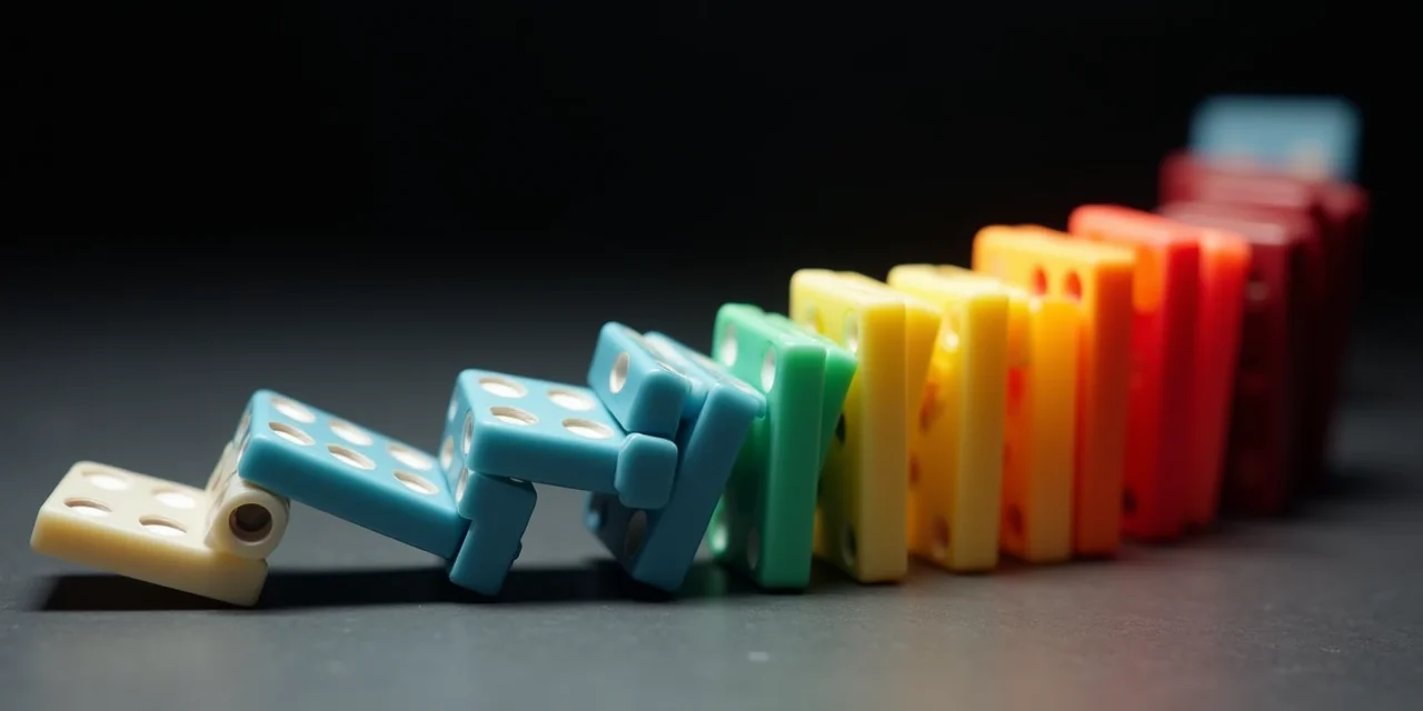 A domino rally photographed mid-fall with each domino a different color in a long curving line