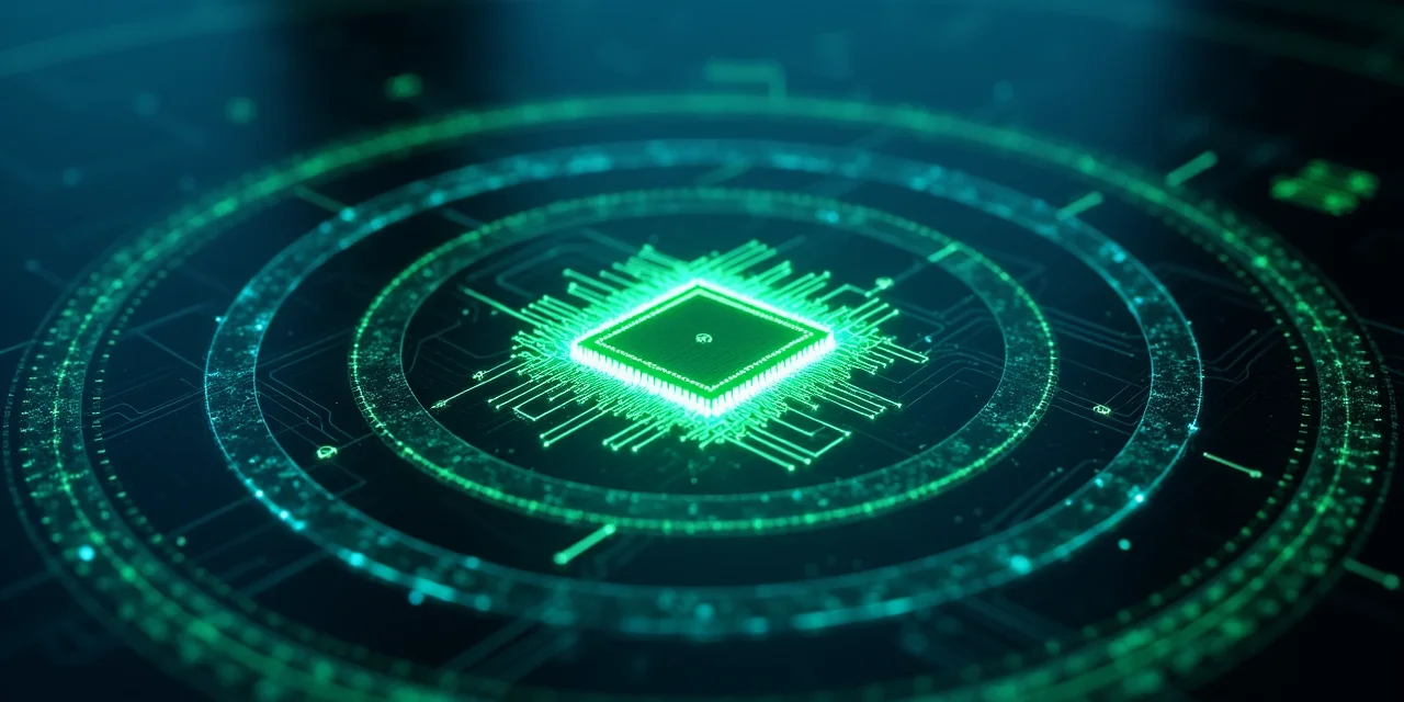 Concentric translucent security rings surrounding a processor chip, representing layered defense architecture