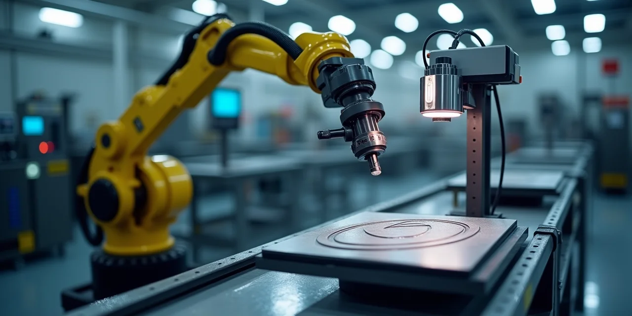 An automated quality inspection station where a robotic arm holds a manufactured part stationary while an independent high-resolution inspection camera on a separate mount examines it from above,  both systems on separate structures
