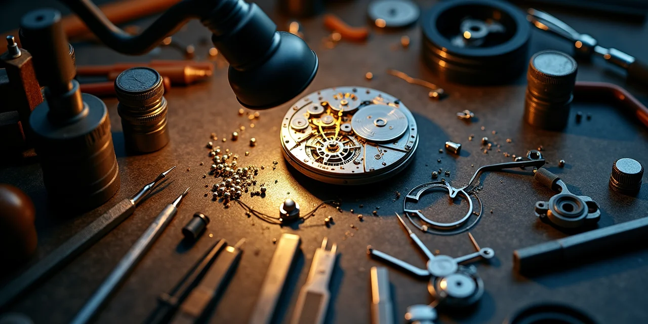 A watchmaker's workbench with dozens of tiny screwdrivers and adjustment tools arranged around a partially disassembl...