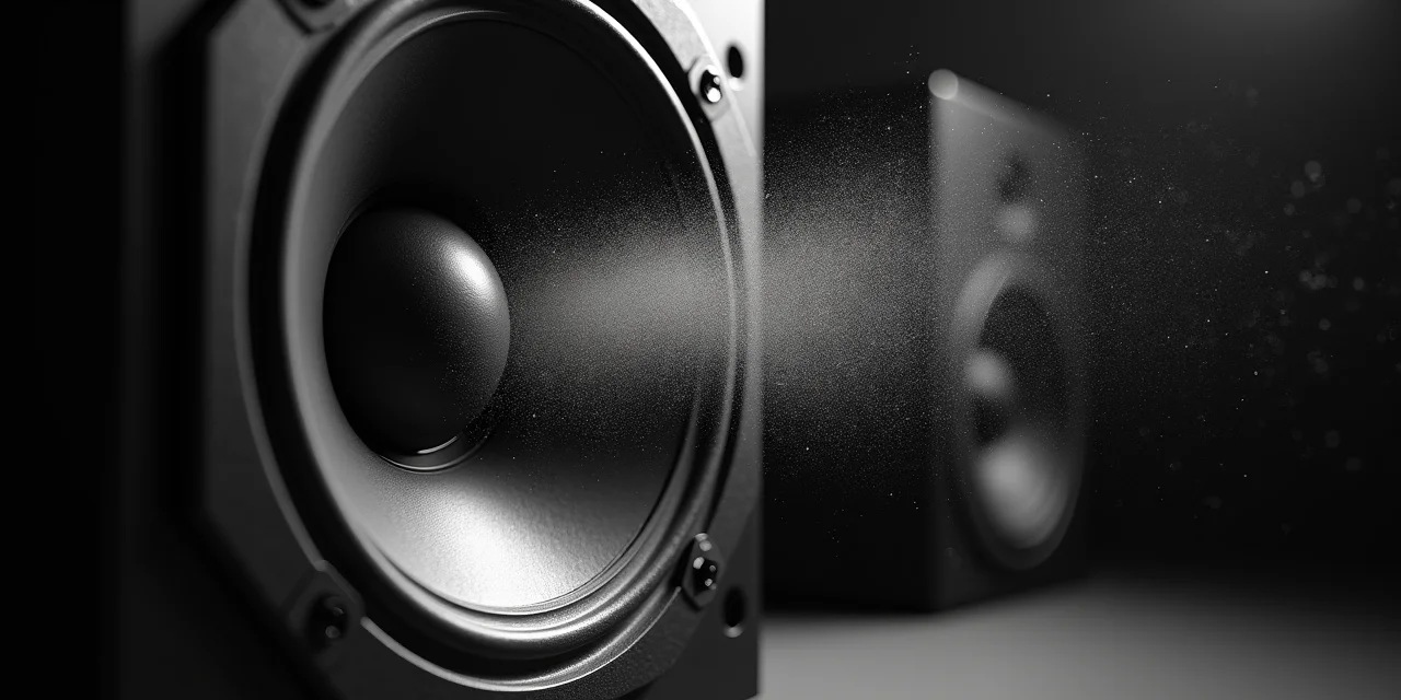 A large studio reference monitor speaker with visible cone movement frozen mid-excursion