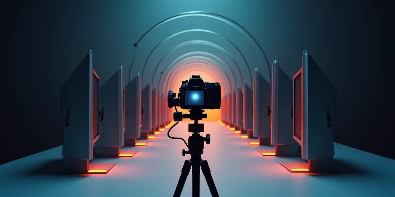 A camera mounted on a tripod pointing at a monitor that displays the camera own live feed