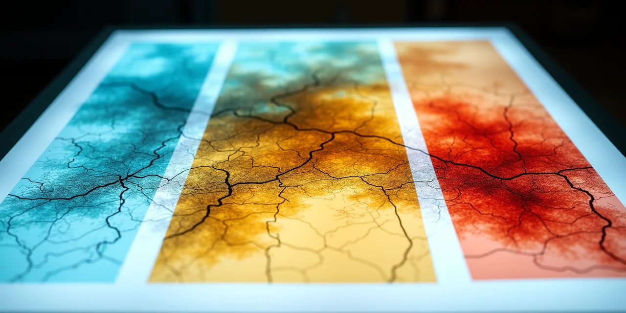 Three topographic maps at different scales overlaid on a light table