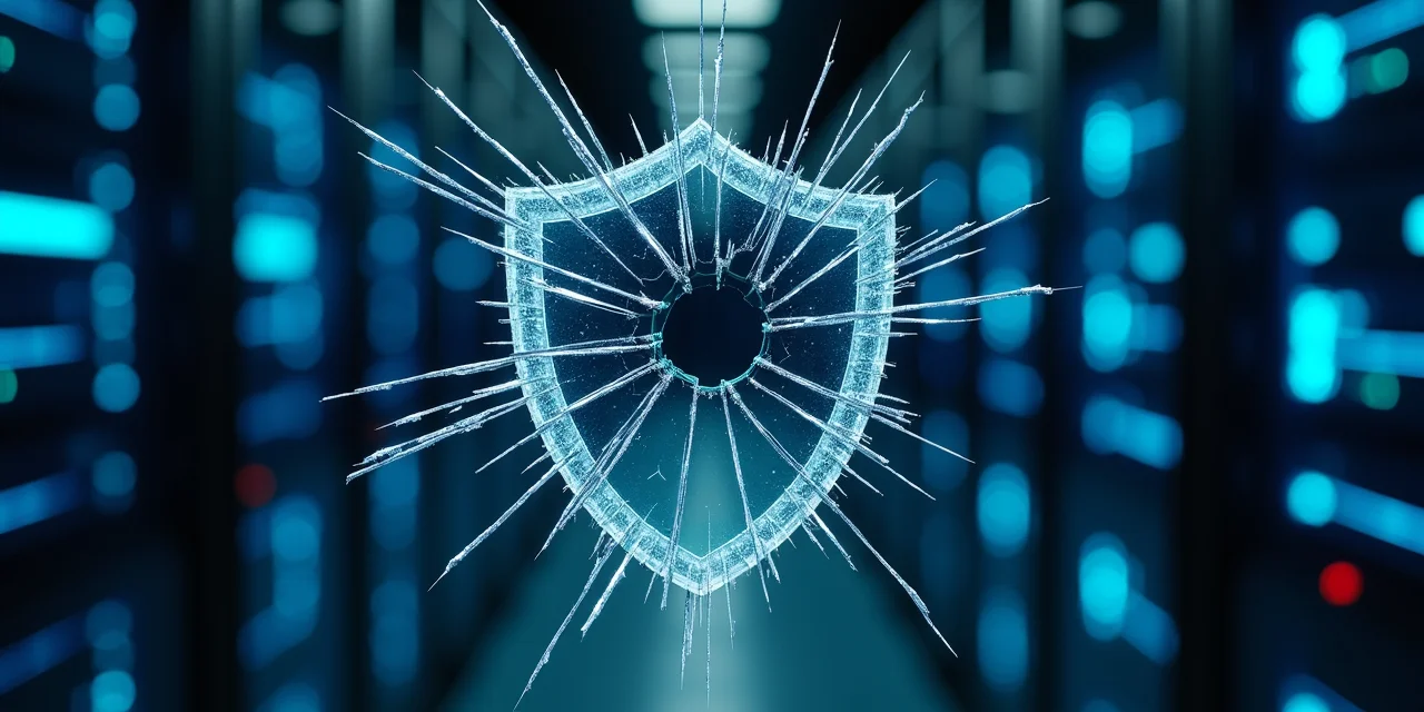 A glass security shield shattering against a dark server room backdrop, symbolizing the failure of detection-based prompt injection defenses