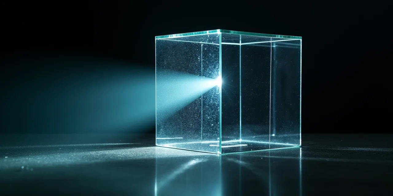 A laser beam refracting through a glass prism into controlled directional beams in a dark laboratory, representing capability bounding of frontier AI