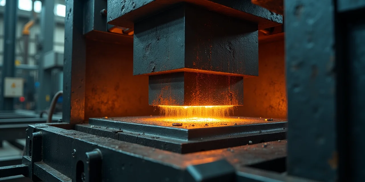 A hydraulic press compressing a large metal cube into a much smaller dense cube