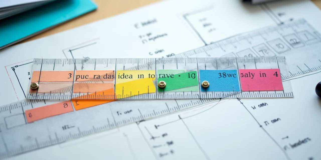 A timeline ruler with color-coded magnetic strips in five distinct colors arranged in non-overlapping segments along ...