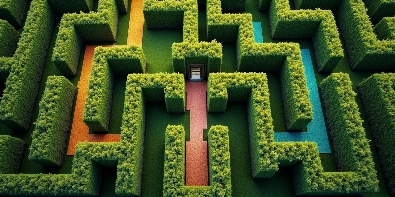 A garden maze photographed from above with multiple highlighted path options in different colors leading from entranc...