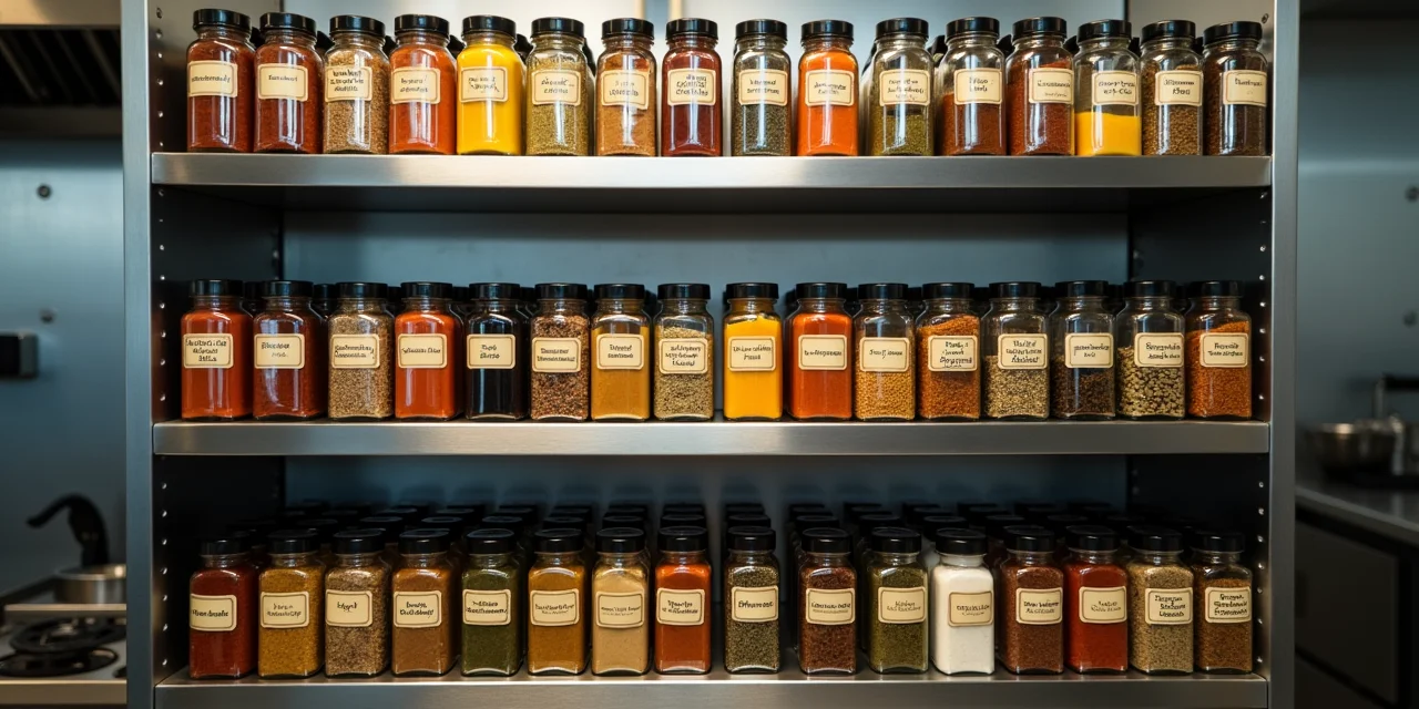A spice rack in a professional kitchen with dozens of labeled glass jars organized by category