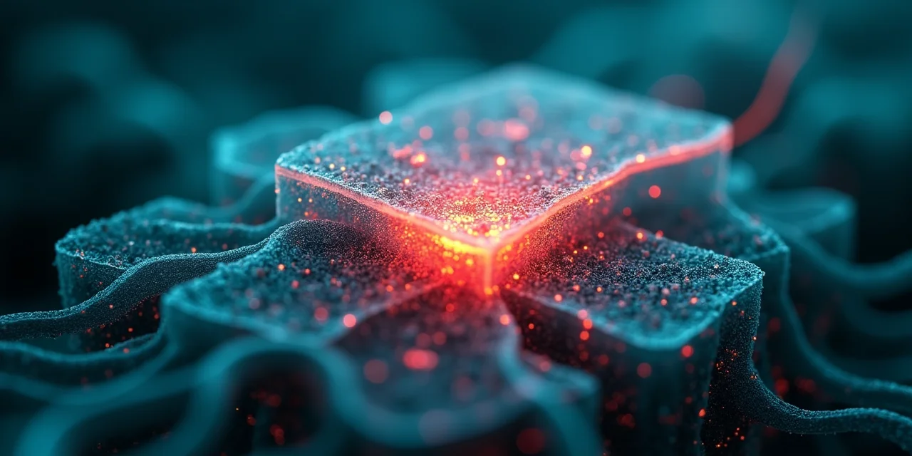 Cross-section of translucent neural network layers with one middle layer glowing red from an anomalous activation pattern