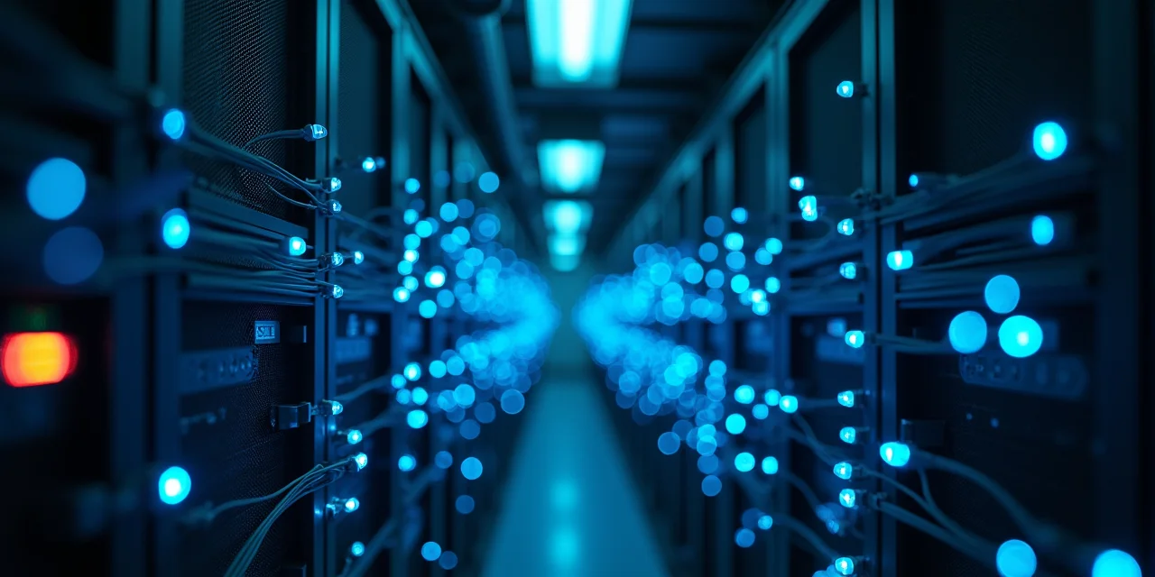 Server room fiber optic cables, half illuminated in blue and half fading into darkness