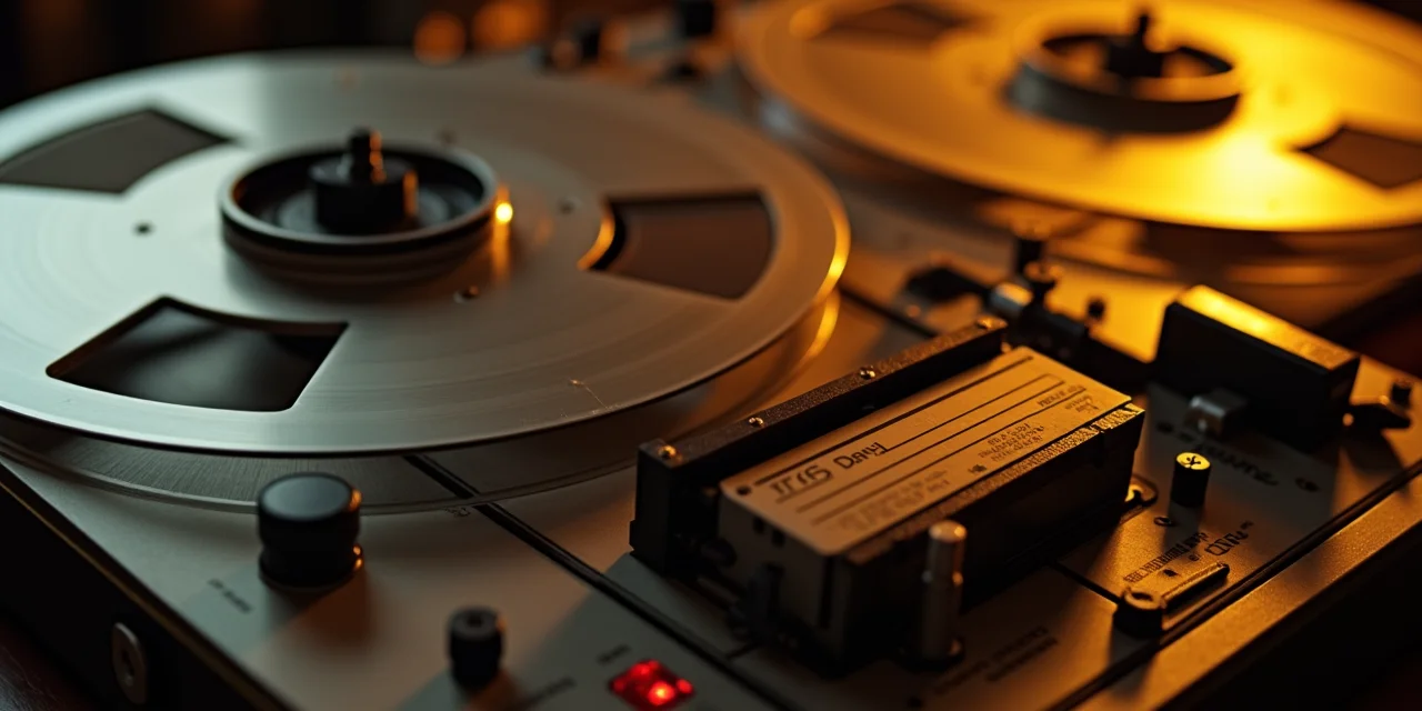 A professional reel-to-reel tape recorder with two large reels
