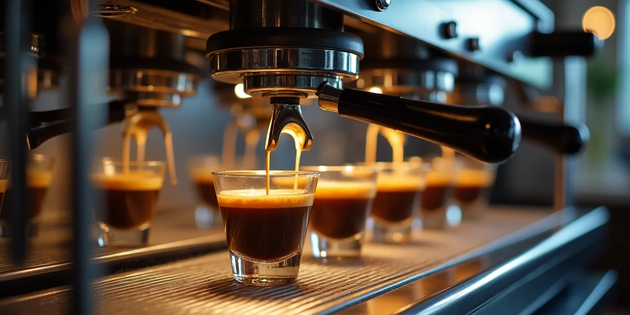 A commercial espresso machine with multiple group heads all actively extracting espresso simultaneously