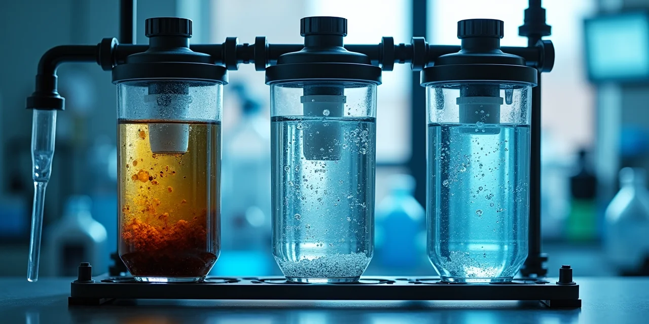 A multi-stage water purification system with three visible transparent chambers in sequence