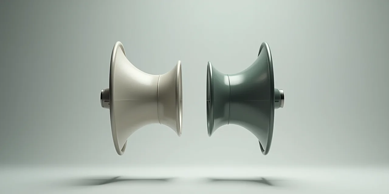 A morphing animation frozen mid-transition between two different shaped acoustic horns
