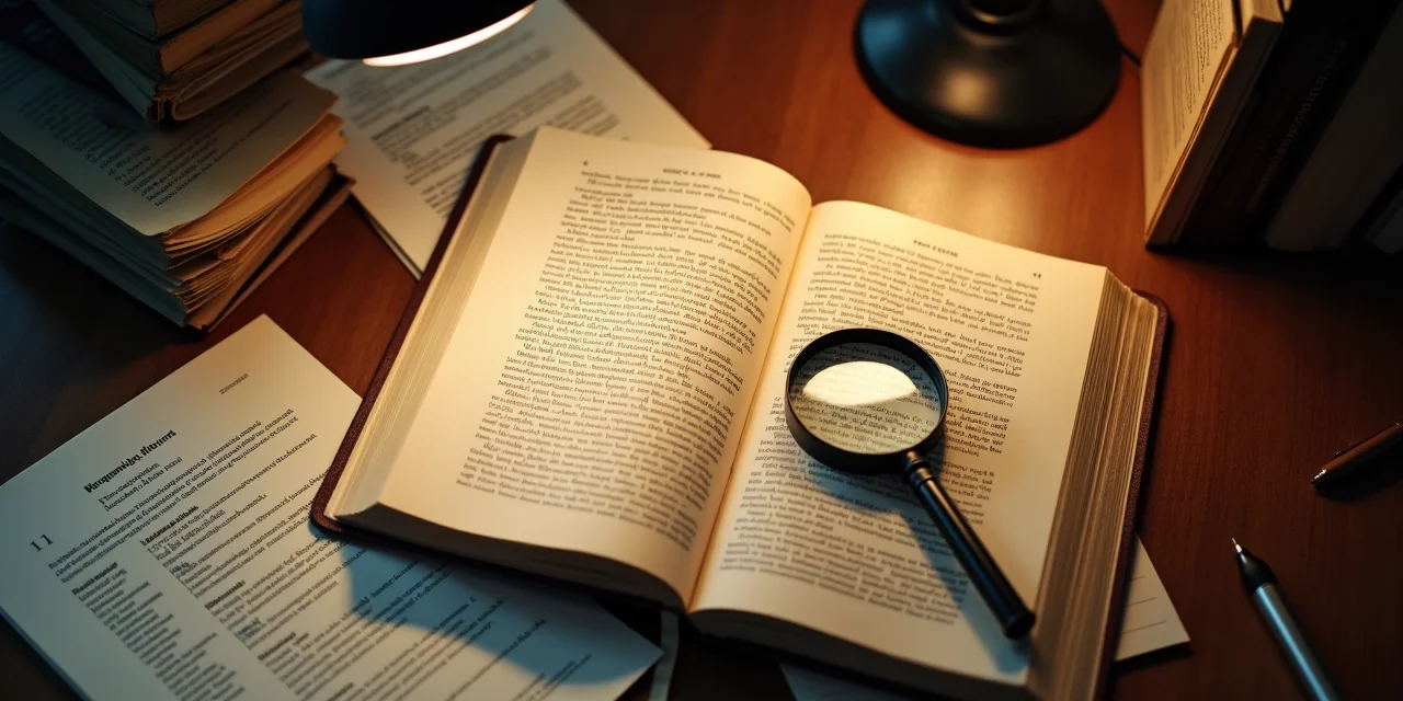 A research librarian's desk with an open reference book