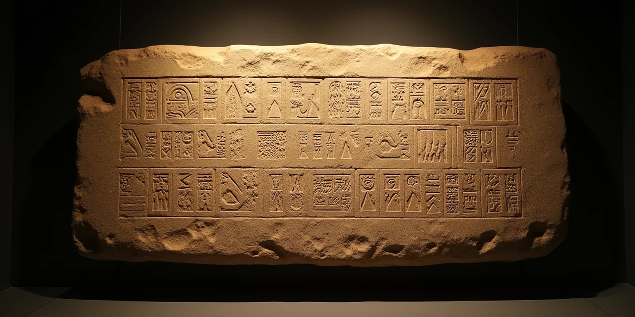 A Rosetta Stone-style tablet with three different writing systems carved in parallel rows