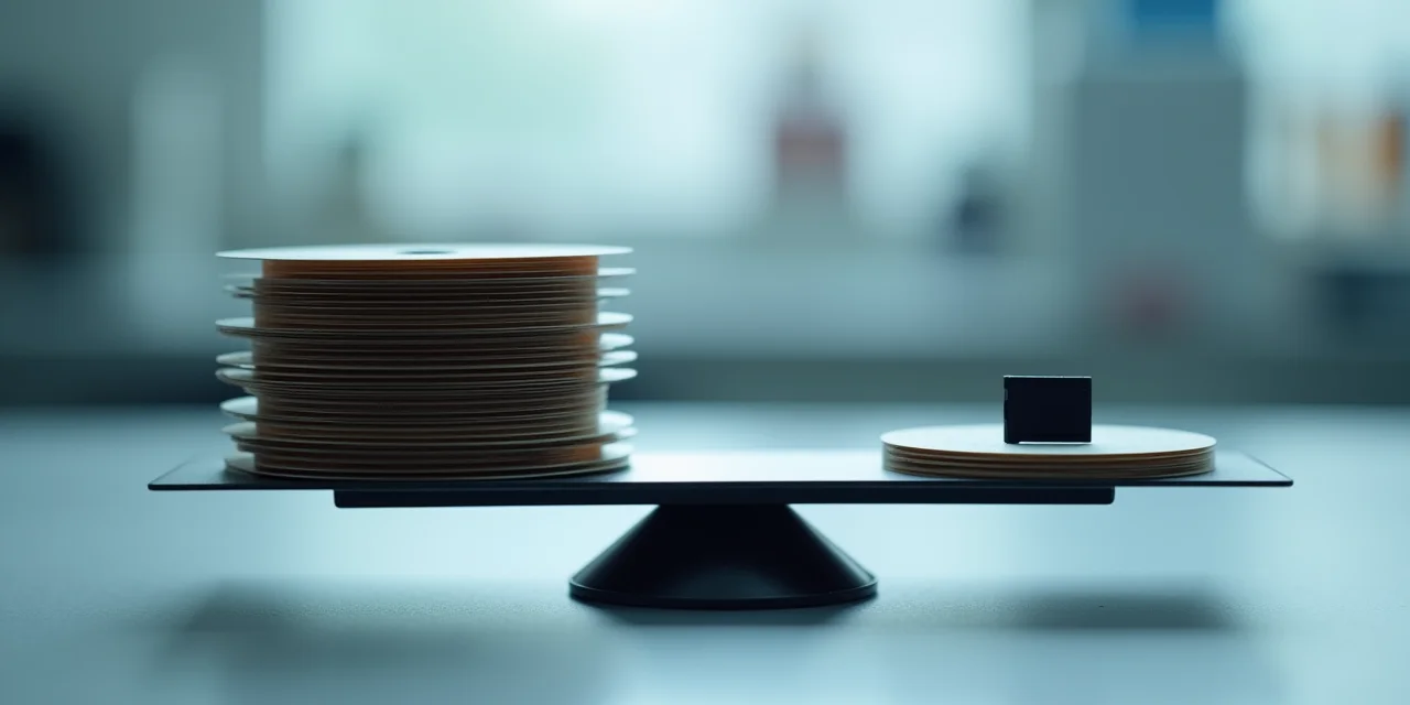 Two data storage media side by side on a precision laboratory scale balance