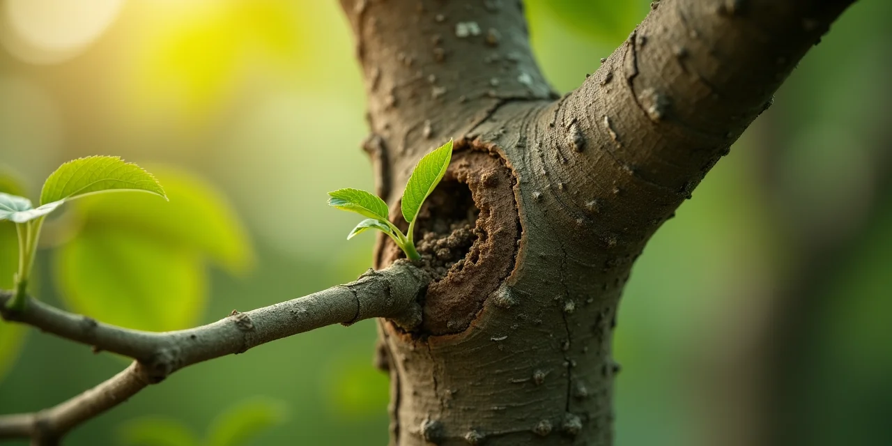 A tree grafting close-up showing a scion branch successfully fused onto a different rootstock tree
