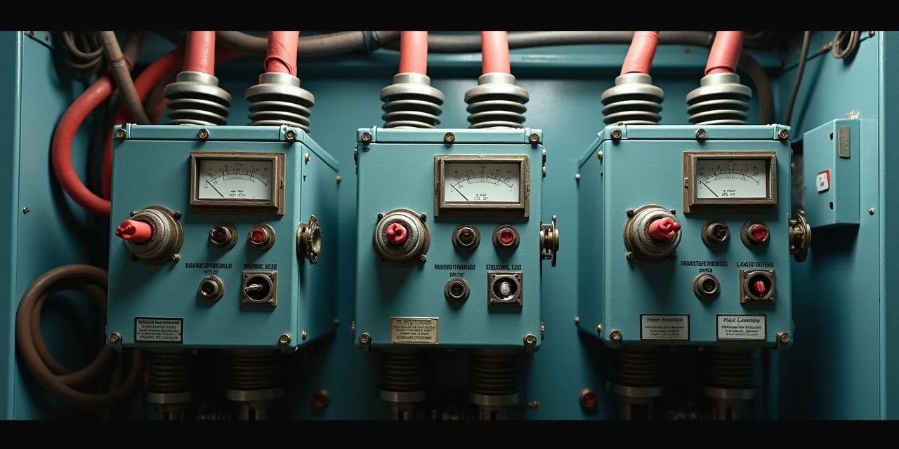 An industrial power distribution panel with three transformer taps of different wire gauges