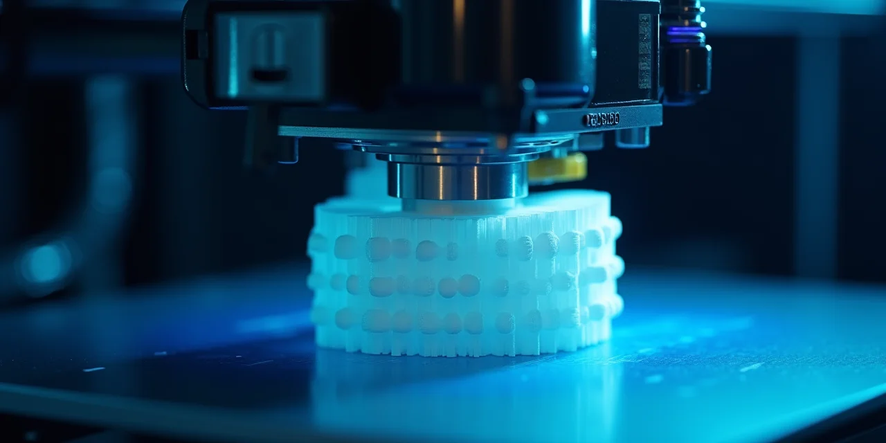 A 3D printer mid-print creating a precise mechanical part layer by layer