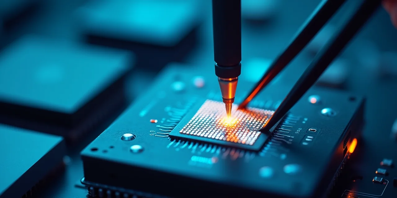 A precision-cut silicon chip being placed into a compact edge computing module by vacuum pickup tweezers