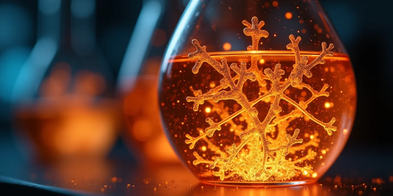 A crystal lattice structure grown in a laboratory flask with branching nodes visible at each junction point