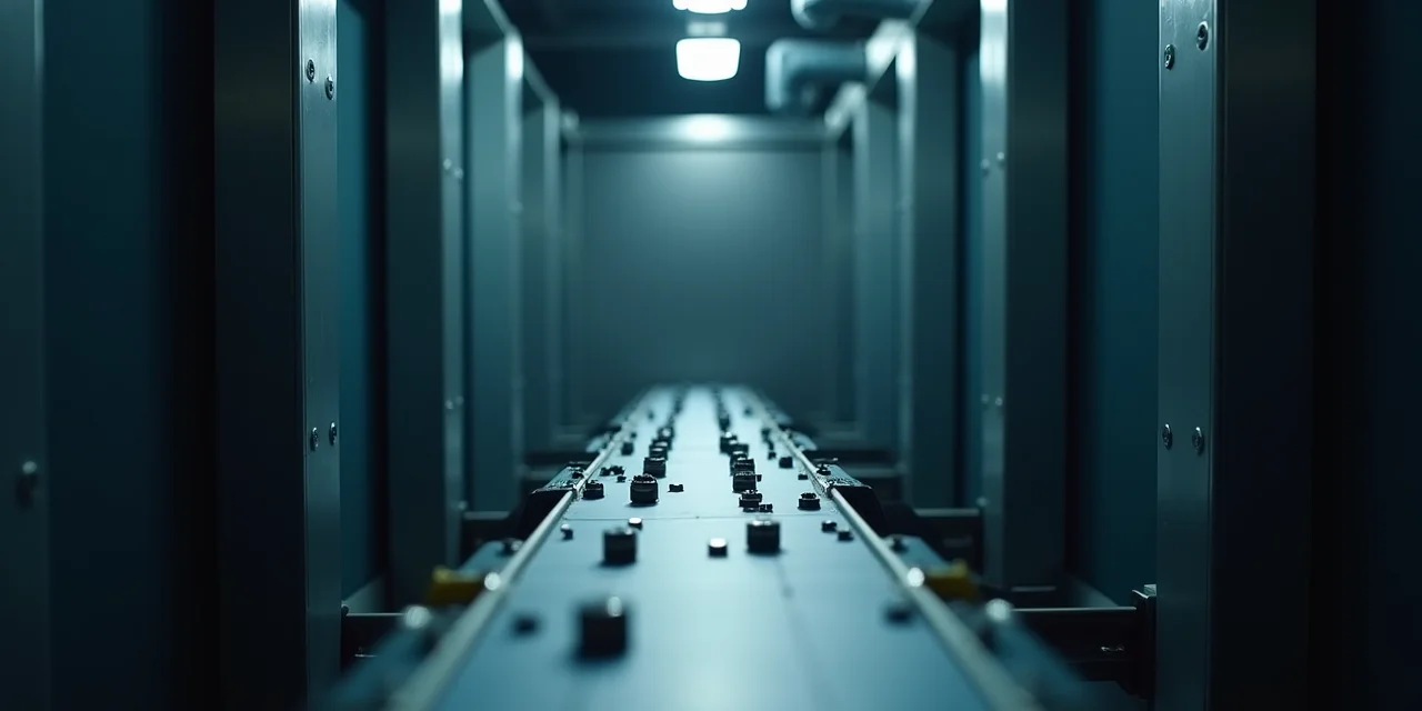 A small industrial conveyor belt emerging from behind a dark enclosure through rubber strip curtains