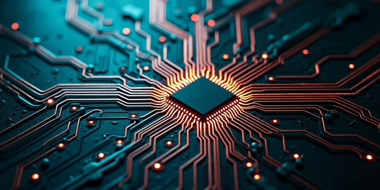 A printed circuit board trace layout photographed from above under inspection light