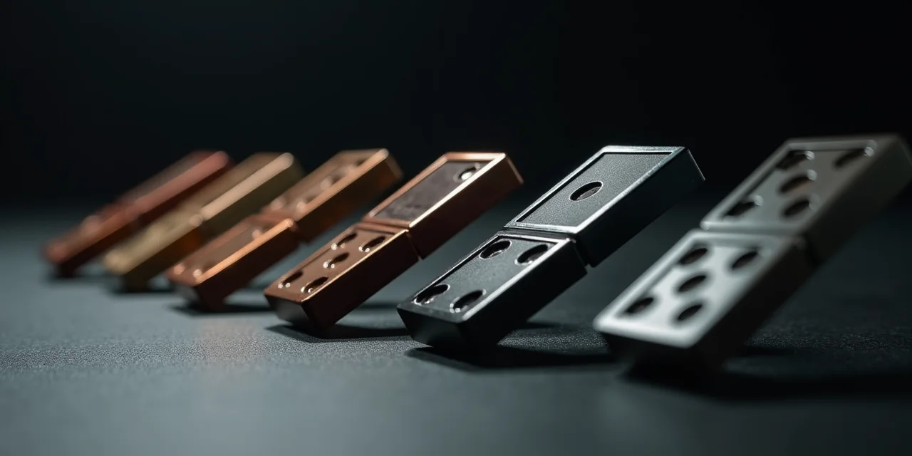 A row of precision dominoes arranged in a curved chain on a dark surface