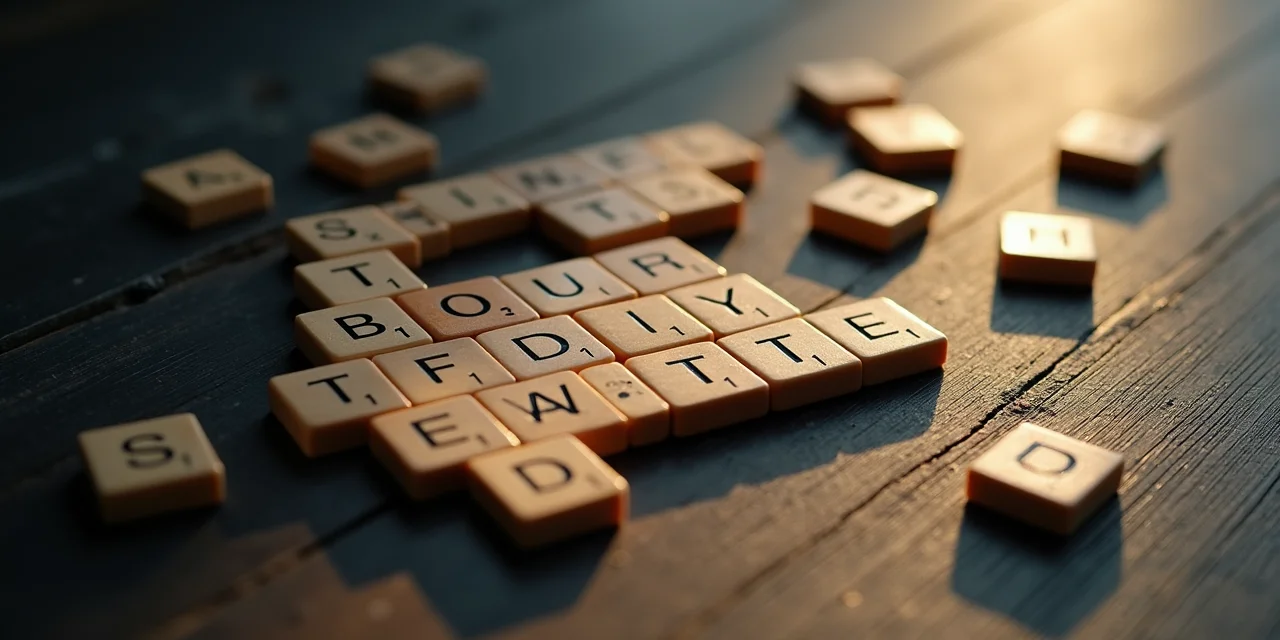 Individual Scrabble letter tiles scattered across a dark wooden surface beginning to arrange themselves into words