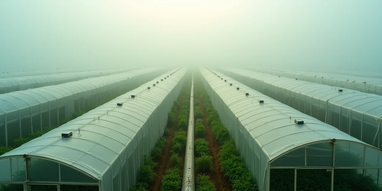 Multiple isolated greenhouses visible through fog