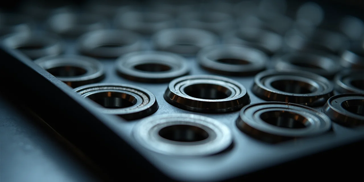 A tray of precision ball bearings under inspection light with one bearing showing a visible crack that catches the li...