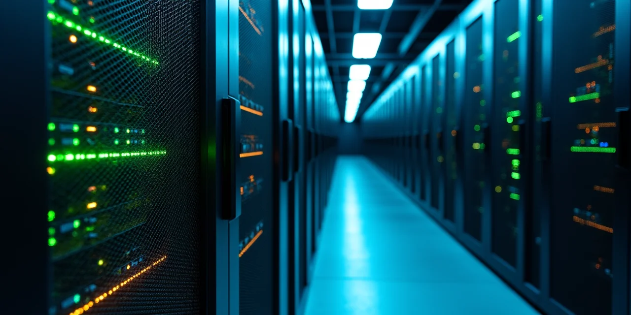 A data center cold aisle with three visually distinct storage zones in sequence