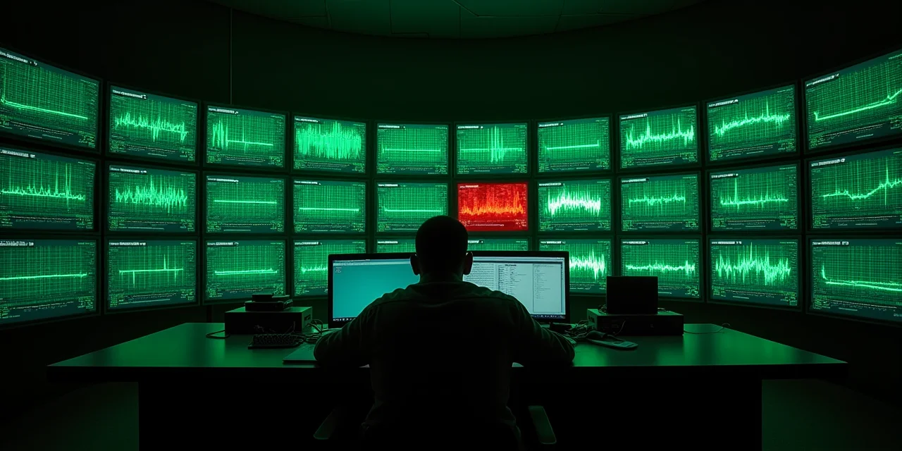 A wall of identical green waveform monitors in a control room with one monitor displaying a red anomalous signal that...