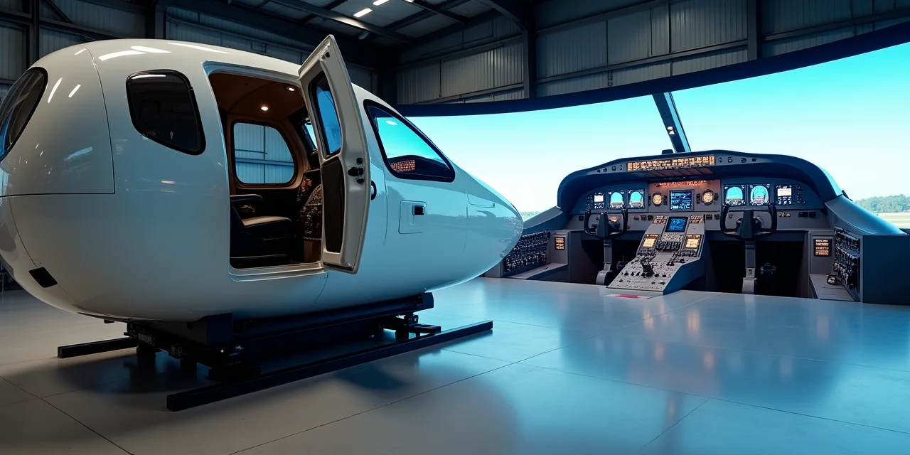 A flight simulator cockpit pod on its hydraulic motion platform with the exterior access door open showing the interior instrument panels and pilot seat,  the simulator pod physically separate from but clearly replicating a real cockpit visible in the background hangar