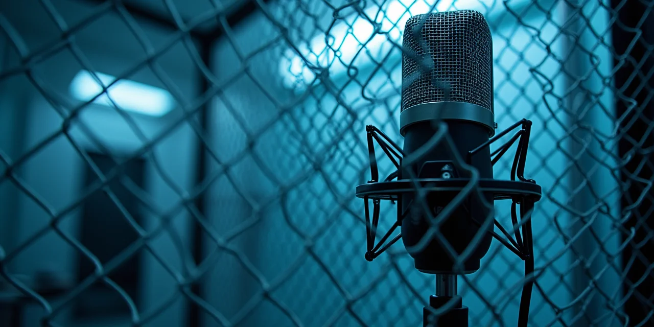 A precision measurement microphone positioned inside a Faraday cage mesh with calibration equipment visible through t...