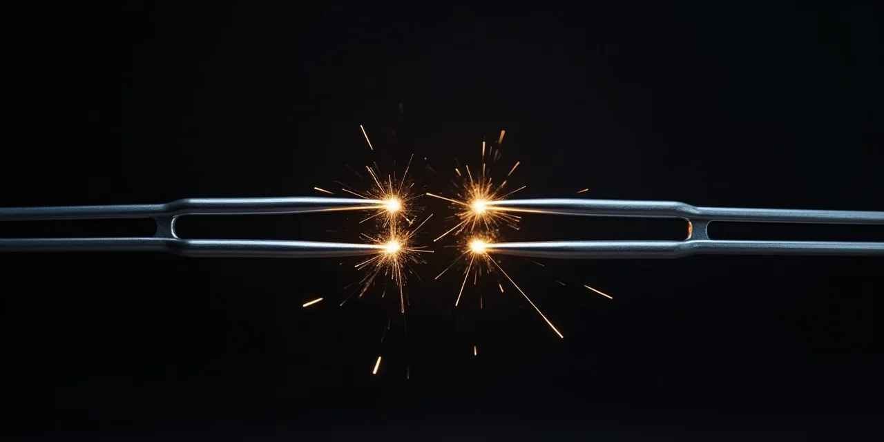 Two identical tuning forks facing each other with visible sympathetic vibration waves between them