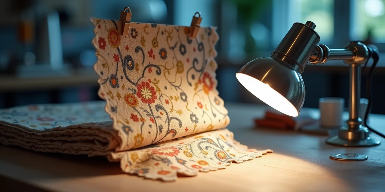 A fabric pattern matching station with a reference swatch pinned above and a bolt of fabric below being compared